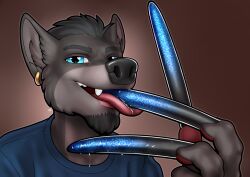 2019 anthro blue_eyes bust_portrait canid canine canis claws clothed clothing digital_media_(artwork) ear_piercing fur hair hand_fetish licking long_claws longblueclaw male mammal open_mouth piercing portrait simple_background solo teeth tongue tongue_out wolf