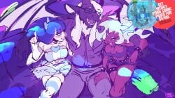 advertisement anthro demon demon_humanoid digital_media_(artwork) draccy dragon female group hi_res human humanoid kenno_arkkan male mammal panty_&_stocking_with_garterbelt scanty_daemon sitting smile stocking_anarchy trio