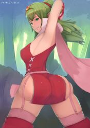 1girls armpits ass back_view bare_thighs big_ass boots breasts cape covered_nipples female female_only fire_emblem fire_emblem_awakening forest garter_straps gloves green_eyes green_hair grin long_hair looking_at_viewer looking_back medium_breasts nintendo outdoors pelvic_curtain pointless_censoring ponytail smile solo thigh_boots thighhighs thighs tiki_(adult)_(fire_emblem) tiki_(fire_emblem) zelc-face