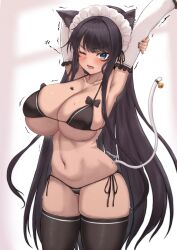 animal_ears arm_up armpits bikini black_hair black_legwear blue_eyes blush breasts cat_ears cat_tail cleavage dark-skinned_female dark_skin elbow_gloves female female_only gloves highres huge_breasts mole navel one_eye_closed original sho_(wnmf3234) skindentation solo swimsuit tail tan thighhighs white_gloves