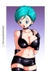 black_bra black_stockings blue_eyes blue_hair bulma_briefs dragon_ball dragon_ball_fighterz dragon_ball_super dragon_ball_z earrings female female_only franfuentesart2 plain_background solo solo_female