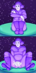 1boy alien alien_humanoid big_pussy blush boots exposed_pussy legs_spread legs_together looking_at_viewer male male_only peach_pussy peekleek purple_clothing purple_skin pussy rhythm_heaven smirk solo solo_focus solo_male space space_kicker spread_legs spreading spreading_legs tight_clothing torn_bodysuit torn_clothes torn_clothing