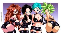 4girls android_21 android_21_(human) ass black_bra black_hair black_stockings blue_eyes blue_hair breasts bulma_briefs cleavage dragon_ball dragon_ball_fighterz dragon_ball_super dragon_ball_z female female_only franfuentesart2 glasses green_eyes huge_ass huge_breasts kefla milf multiple_girls shounen_jump smile teenage_girl teenager videl vomi_(dragon_ball)