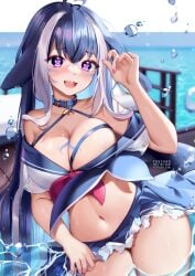 1girls bangs black_hair blurry_background breasts heart-shaped_pupils highres huge_breasts indie_virtual_youtuber miniskirt multicolored_hair navel open_mouth purple_eyes shylily skirt solo squchan standing tattoo thick_thighs thighhighs thighs virtual_youtuber wet