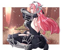 1girls armor ass back back_turned back_view backless_outfit bangs bare_back bare_thighs big_ass breasts brown_eyes cherche_(fire_emblem) closed_mouth female female female_only fire_emblem fire_emblem_awakening forest headdress highres kneeling large_breasts long_hair looking_at_viewer looking_back minty_cupcakes nature nintendo outdoors pink_hair solo thighs