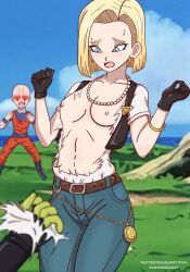 2boys android_18 belt black_gloves blonde_hair blue_eyes blush breasts cell_(dragon_ball) denim dragon_ball embarrassed female gloves heart heart-shaped_pupils highres jeans jewelry krillin kuririn multiple_boys nashdnash2007 navel necklace nipples open_mouth pants pearl_necklace shiny shiny_skin symbol-shaped_pupils torn_clothes vest