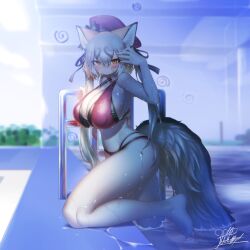 1girls animal_ear_fluff animal_ears big_breasts bikini blush breasts female female_only fox_ears fox_girl fox_tail grey_hair island_fox_(kemono_friends) kemono_friends kemono_friends_v_project large_breasts looking_at_viewer multicolored_hair solo swimsuit tail virtual_youtuber wet yellow_eyes yoshida_hd