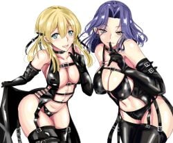 2girls belt belt_choker blonde_hair blue_eyes bra breasts choker elbow_gloves female female_only finger_to_mouth garter_straps gloves hair_ribbon kantai_collection ken_(shutenndouji1) large_breasts latex latex_bra latex_gloves latex_panties latex_thighhighs long_hair looking_at_viewer midriff navel panties prinz_eugen_(kantai_collection) purple_hair tatsuta_(kantai_collection) thighhighs yellow_eyes