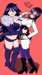 2girls black_hair blue_eyes blue_hair costume_switch crossover herothiccsan merlin_(nanatsu_no_taizai) merlin_(nanatsu_no_taizai)_(cosplay) midnight_(my_hero_academia) midnight_(my_hero_academia)_(cosplay) multiple_girls my_hero_academia nanatsu_no_taizai nemuri_kayama purple_socks socks the_seven_deadly_sins thigh_socks thighhighs yellow_eyes