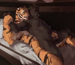 anthro black_body black_fur echo_(series) echo_project felid feng_yaolin fur genitals hi_res lewdnopann licking male male/male mammal orange_body orange_fur pantherine penis the_smoke_room tiger tongue tongue_out video_games visual_novel white_body white_fur