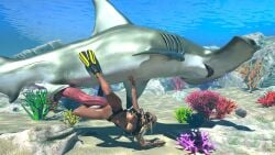 3d 3d_(artwork) animal animal_genitalia animal_penis blonde_hair coral daz3d daz_studio diver diving diving_mask diving_suit drowning flippers hammerhead_shark medium_breasts screaming screaming_in_pain sea sea_creature shark shark_fin shiny_skin skinny_dipping underwater wet wet_skin wrecked3d zoophilia