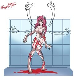 6_arms anime anime_style bandage blood blood_stain breasts cat_ears digital_media_(artwork) elfen_lied female female_only full_body girl gore horns invisible_limbs lucy_(elfen_lied) monster_girl multi_arm multi_limb mutant negum_akil nightmare_fuel nightmare_waifu nude nude_female pink_eyes pink_hair serial_killer simple_background simple_shading yandere