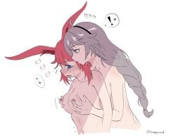 2girls animal_ears blush breasts female female_only fondling fondling_breast foreplay groping groping_breasts groping_from_behind hairband honkai_(series) honkai_impact_3rd kallen_kaslana lesbian_sex multiple_girls nipple_stimulation nipples open_mouth pinching_nipples pink_hair pleasure_face silver_hair yae_sakura yuri