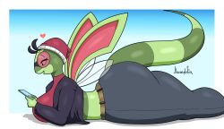 anthro anthrofied ass ass_bigger_than_head big_ass big_breasts breasts bubble_butt clothed clothing female flygon heart hi_res jhenightfox laying_on_stomach lying lying_on_stomach nintendo pokémon_(species) pokemon pokemon_(species) solo tail thick_thighs