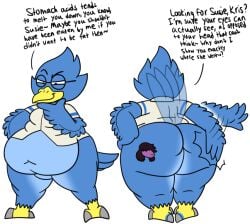 1boy 2020 2d absorption_vore after_vore anthro ass belly_overhang berdly big_ass bird blue_body blue_feathers bluebird deltarune dialogue digestion english_text fat female female_prey glasses hand_on_ass hand_on_face hand_on_head huge_ass huge_butt huge_thighs humanoid implied_death male male/female male_only male_pred mockingbird overweight overweight_anthro overweight_male simple_background smug smug_face solo southparkfans111 spanking spanking_ass spanking_own_ass susie_(deltarune) talking tattoo teasing text thick_thighs thighs undertale undertale_(series) vore vore_tattoo white_background yellow_beak yellow_feet