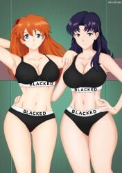 2022 2girls artist_name asuka_langley_sohryu bangs black_eyes blacked blacked_clothing blue_eyes bra brown_eyes cleavage clothed clothed_female clothes clothing dark_hair daruko536 facing_viewer female female_focus female_only fully_clothed hair hair_ornament hand_on_hip hips huge_breasts large_breasts leaning long_hair looking_at_viewer medium_breasts midriff milf misato_katsuragi multiple_girls navel neon_genesis_evangelion orange_hair panties purple_hair raceplay redhead seductive sports_bra standing thick_thighs thighs tight_clothing tight_fit wide_hips