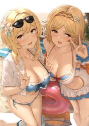 2girls akita_hika beach breasts crossover djeeta_(granblue_fantasy) eyewear_on_head genshin_impact granblue_fantasy lumine_(genshin_impact) nonude sunglasses sunglasses_on_head swimsuit tagme thick_thighs