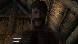 1boy ahe_gao bethesda_softworks body_hair brown_hair chest_hair enjoying facial_hair hairy_chest hairy_male imperial male_only muscular_male mustache mustacheman mutton_chops pleasure_face skyrim smile softcore solo the_elder_scrolls