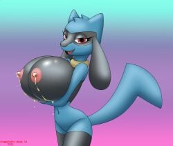 anthro big_breasts bodily_fluids breasts chameloshi eyelashes female huge_breasts lactating looking_at_viewer milk nintendo pokémon_(species) pokemon riolu smile solo video_games