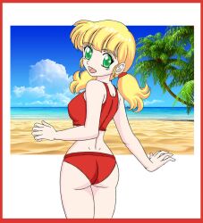 1girls beach bikini blonde_hair female inspector_gadget looking_at_viewer medium_breasts penny_gadget short_hair smooth_skin twintails