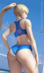 1girls ass back_view big_ass blonde_hair blue_eyes clothed female female_only long_hair looking_at_viewer looking_back looking_over_shoulder meekohopanes metroid nintendo patreon_username ponytail samus_aran skin_tight solo sports_bra viewed_from_behind volleyball_net volleyball_uniform