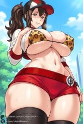 1female 1girls 2026 ai_generated animal_print artist_name bag big_ass big_breasts bikini bikini_top_only black_thighhighs blue_sky blush breasts brown_eyes brown_hair cleavage clothes_lift cloud covered_nipples curvy day female female_only female_protagonist_(pokemon_go) hair_between_eyes hat hi_res high_quality high_resolution highres huge_ass huge_breasts large_breasts long_hair looking_at_viewer navel outdoors patreon patreon_username pokemon pokemon_go ponytail red_shorts short_shorts shorts sidelocks skindentation sky smile solo stomach sweat swimsuit thick_thighs thighhighs thighs tree underboob unjobdespiert watermark