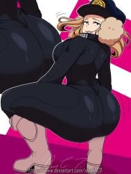 1girls ass ass_shake big_ass big_breasts blonde_hair bodysuit bouncing_ass breasts bubble_butt camie_utsushimi clothing ear_muffs fat_ass female female_only hat looking_at_viewer looking_back motion_lines my_hero_academia ninalife31 shiketsu_high_school_cap shoes smile solo squatting thick_thighs twerking