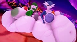 2girls 3d anthro belly belly_inflation big_belly big_breasts breasts female gardevoir huge_belly huge_breasts inflation nipples pokemon pokemon_(species) regularsid syd thick_thighs thighs