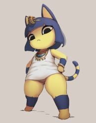 1girls 2d_(artwork) :< animal_crossing animal_crossing_new_horizons ankha ankha_(animal_crossing) anthro bangs black_eyes blue_hair bob_cut bracelet cat_ears cat_tail clothed clothing cute digital_media_(artwork) dippsheep egyptian egyptian_clothes eyeshadow feline female fur jewelry looking_at_viewer looking_down necklace nintendo no_panties paws sfw shirt_only short_hair shortstack small_breasts solo solo_female standing tail thick_thighs yellow_fur