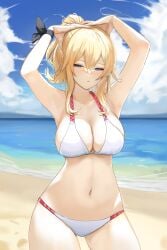 1girls armpit armpits arms_up beach belly belly_button big_breasts bikini blonde_hair blush blushing dolri female_only flushed genshin_impact huge_breasts jean_gunnhildr solo swimwear thick thick_thighs tummy water