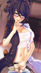 1girls 3d amane_kanata bandages bandages_around_chest black_glasses black_hair chest_wraps glasses holoforce hololive hololive_japan indie_virtual_youtuber kson_onair looking_at_viewer navel on_top sarashi tagme virtual_youtuber vshojo wataamage