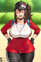 1female 1girls 2026 ai_generated artist_name backpack bag bangs big_ass big_breasts black_gloves black_leggings blush breasts brown_hair choker closed_eyes collarbone cropped_jacket curvy female female_only female_protagonist_(pokemon_go) fingerless_gloves gloves hair_between_eyes hands_on_hips hat hi_res high_quality high_resolution highres huge_ass huge_breasts large_breasts leggings long_hair looking_at_viewer open_mouth outdoors patreon patreon_username pokemon pokemon_go ponytail shorts smile solo sweat unjobdespiert watermark web_address wide_hips