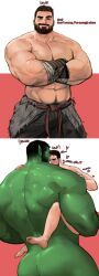 2boys bara dopq gay green_skin instant_loss_2koma male male_only muscular_male nude nude_male orc original original_character sex size_difference stand_and_carry_position text yaoi