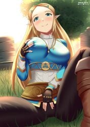 1girls blonde_hair blush breast_grab breasts breath_of_the_wild crotch_rub fingering fingering_through_clothes fingerless_gloves gloves grass green_eyes hi_res legs legs_apart long_hair looking_at_viewer masturbation nagai_arts nintendo outdoors pants princess_zelda self_fondle sitting smile solo the_legend_of_zelda tight_clothing tight_pants tree zelda_(breath_of_the_wild)