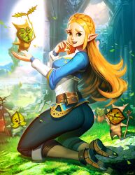 ass blonde_hair boots braid braided_hair breasts breath_of_the_wild genzoman grass green_eyes happy hi_res kneeling korok legs long_hair looking_at_viewer outdoors pants princess_zelda side_view smile the_legend_of_zelda thighs tight_clothing tight_pants zelda_(breath_of_the_wild)