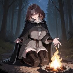 1girls ai_generated bandai_namco boots campfire cape dress elden_ring female forest fromsoftware fyssok gold_eyes hourglass_figure looking_at_viewer melina_(elden_ring) night on_knees one_eye_closed outdoors solo stable_diffusion strawberry_blonde_hair thigh_boots