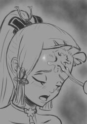 avidita big_forehead black_and_white cum_on_forehead cumshot genshin_impact kamisato_ayaka sketch