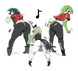 1girls 2018 2boys 5_fingers all_fours anthro ass bent_over big_ass bouncing_ass clothing ear_piercing earrings female femboy gallade gardevoir girly heels looking_at_viewer looking_back male male_gardevoir meloetta motion_lines panties piercing pokémon_(species) pokemon pokemon_(species) redblacktac shoes size_difference tagme tied_shirt tight_clothing twerking