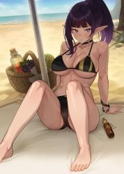 1girls arisa_(kkamja) ass beach big_breasts breasts elf elf_ears female_only huge_breasts kkamja looking_at_viewer original pointy_ears ponytail solo swimwear tagme tagme_(character) thick