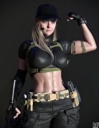 1girls 3d abs armwear belt big_breasts blonde_hair electronics female female_only firearm fit fit_female flexing gun handwear headwear human pale_skin resident_evil resident_evil_8:_village rifle rosemary_winters rude_frog weapon wristwear