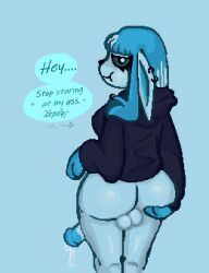 anthro ass_focus ass_grab back_view backsack ballsack big_ass big_cock blue_hair clothed dotjpeg_(artist) eyeliner female furry furry_female glaceon horsecock leaking_precum nintendo pokemon pokemon_(species) pov precum sideboob solo solo_focus sweater taunting text text_bubble thick_thighs voluptuous