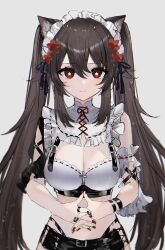 1girls animal_ears big_breasts breasts brown_hair dark_hair female_only genshin_impact hu_tao_(genshin_impact) looking_at_viewer maid_headdress raiya_atelier red_eyes solo tagme twintails