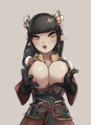 1girls 2d_(artwork) areolae armor bangs black_hair breast_grab breast_squeeze breasts breasts_out cute dippsheep elf gloves hair_ribbon hime_cut long_hair looking_at_viewer medium_breasts minoto monster_hunter monster_hunter_rise mostly_clothed nipples open_mouth pointy_ears solo wyverian yellow_eyes