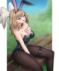 1girls alternate_breast_size bare_shoulders black_legwear blue_eyes blurred_background bodysuit bowtie breasts brown_hair bunny_ears bunny_girl bunnysuit cleavage collar eunie_(xenoblade) fake_animal_ears feathered_wings female head_wings large_breasts latex monolith_soft nintendo pantyhose skin_tight succducc888 thick_thighs thighs wings xenoblade_(series) xenoblade_chronicles_3