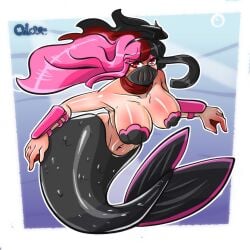 1:1 1girl big_breasts black_hair black_tail choker color face_mask female_only interspecies long_tail looking_at_viewer mermaid mermaid_tail oilove original_character pink_eyes pink_hair serious_look shell_bra voluptuous watermark wide_hips