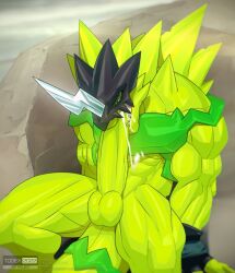 1boy abs anthro armor autofellatio balls bandai_namco big_penis bodily_fluids bulkmon clothing cum cum_in_mouth cum_in_own_mouth cum_in_self cum_inside cum_on_self digimon dragon fellatio fingerless_gloves genital_fluids genitals gloves green_body handwear headgear helmet male male_only masturbation muscular oral oral_masturbation penile penile_masturbation penis sex solo spikes spikes_(anatomy) thick_thighs todex