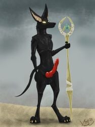 absurd_res anthro anubis balls black_body black_fur canid canine canis claws deity desert digital_media_(artwork) egyptian_mythology fur genitals glowing glowing_eyes hi_res jackal male male_focus male_only male_solo mammal middle_eastern_mythology mythology penis red_penis solo solo_male staff standing vike_mike