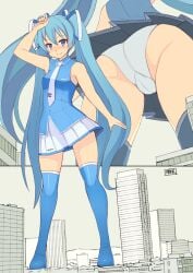 1girls ass blue_eyes blue_hair breasts city clothed clothing female female_only giantess hatsune_miku light-skinned_female light_skin long_hair low-angle_view macro seo_tatsuya skirt solo solo_female thighhighs vocaloid