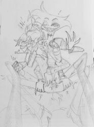 alastor_(hazbin_hotel) angel_dust_(hazbin_hotel) cannolicorgi cum cumming_through_clothing gay hands handsfree_ejaculation hazbin_hotel head_thrown_back sketch