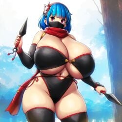 ai_generated ameanon big_breasts blue_hair breasts breasts_bigger_than_head cleavage facemask gigantic_breasts huge_breasts large_breasts mask ninja pink_eyes rina_atherina rina_atherina_(errorkazoo) scarf sideboob